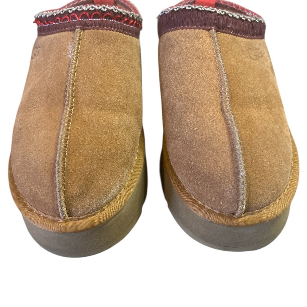 UGG Chestnut Suede Platform Mules with Red Accents - Picture 9 of 9